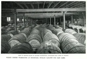 Prints of Six thousand barrels of whisky in a bonded warehouse on the ground floor, Edinburgh, Scotland, proprietors Andrew Usher and Co. 1890 Lothian Prints: Glenlivet Scotch Whisky Distillery Print, 1890