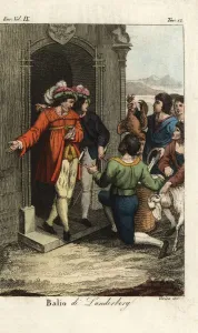 Prints of Governor Landenberg, medieval Switzerland. The local peasants present him with customary gifts of chickens, goats, and baskets of wool. Balio di Landerberg Giulio Ferrario Prints: Governor Landenberg, Medieval Switzerland Print