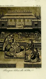 Prints of Indian princess having her hair done, 18th century. A princess smokes a hookah pipe while maids fix her hair, hold a mirror and play music. In a courtyard with pond, fountains and garden Giulio Ferrario Prints: 18th Century Indian Princess at her Toilette Print