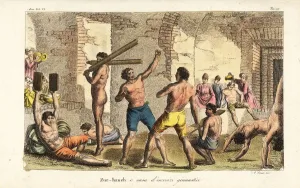 Prints of Inside a Zurkhaneh, traditional Iranian or Persian gymnasium. Two men wrestle at koshti pahlavani, while athletes train with meels, Indian clubs, and musicians play drums and cymbals Giulio Ferrario Prints: Inside a Zurkhaneh, Traditional Iranian Gymnasium Print