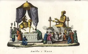 Prints of Japanese Shinto gods Amida (dog-headed god on a multi-headed horse) and Xaca (old man seated on cushion). The names reference Amitabha and Shaka, Gautama Buddha, Buddhist deities Giulio Ferrario Prints: Japanese Shinto gods Amida and Xaca Print, 1842