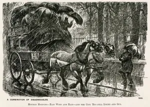 Prints of Monday morning, east wind and rain, a city bus full if passengers even on the open top deck. 1888 Weather Prints: London Horse-Bus Print, 1888