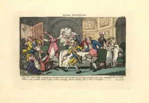 Handcoloured Copperplate Art Prints: Man falling off a broken chair at a dinner party