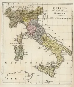 Prints of Map of Italy in 1836. Showing the kingdoms of Sardinia, Lombardy, Venice, Rome, Tuscany, Parma, Naples and Corsica. Map by Ab. Bartolomeo Borghi, Florence. l Italia dell Ab. B. Borghi, Firenze 1836 Giulio Ferrario Prints: Map of Italy in 1836 Print by Ab. Bartolomeo Borghi