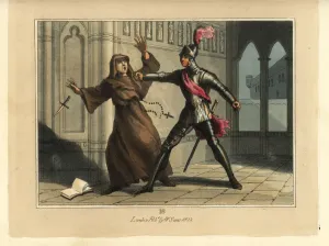 Handcoloured Copperplate Art Prints: Medieval knight in suit of armour fighting a monk