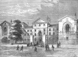 Prints of A view of the Middlesex Hospital in 1840. Middlesex Hospital was a teaching hospital located in the Fitzrovia area of London, England Hospital Prints: Middlesex Hospital Print, 1875: A View of the Institution