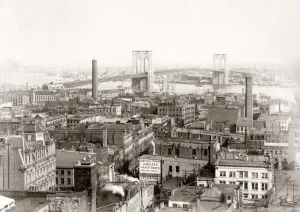 Prints of New York skyline and Brooklyn Bridge, USA, c.1890 s Historic Landmark Prints: New York Skyline and Brooklyn Bridge Print, c. 1890s