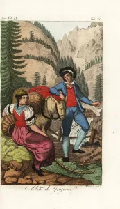 Prints of Peasants of the Canton of Grisons in their wool costumes, Switzerland, 18th century. The men wear red waistcoats, blue jackets and breeches. Abiti de Grigioni Giulio Ferrario Prints: 18th century Swiss Peasants in Wool Costumes Print