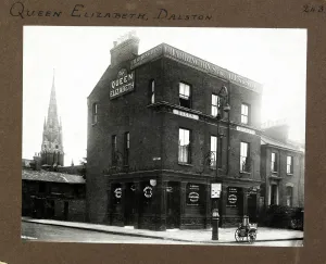 Prints of Photograph of Queen Elizabeth PH, Dalston, London. The main side of the print (shown here) depicts: Corner on view of the pub Royalty Prints: Queen Elizabeth PH, Dalston, London Print