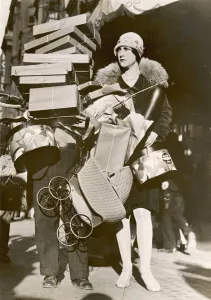 New Images August 2021 Prints: 1920s Woman Overwhelmed by Shopping Piled High Print