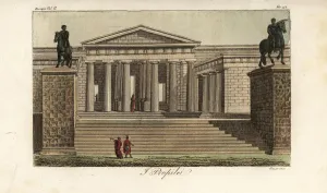 Prints of View of the Propylaea, entrance to the Acropolis, Athens, Greece. At right, the Temple of Athena Nike, and at left, the building with the paintings of the Greek painter Polignotus. I Propilei Giulio Ferrario Prints: View of the Propylaea, Athens, Greece Print (1826)