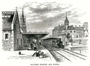 Prints of Railway station at Malvern, Worcestershire (on the Worcester and Hereford Railway route). Now known as Great Malvern railway station, it opened in 1860. Date: circa 1860s Railway Prints: Great Malvern Railway Station Print, circa 1860s