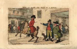 Handcoloured Copperplate Art Prints: Regency gentleman riding a prancing horse in a town street