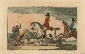 Handcoloured Copperplate Art Prints: Regency man riding a horse, while other riders struggle