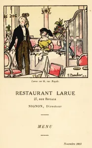 Prints of Scene in a fancy Paris restaurant with waiter in tails and women diners. From the menu to Restaurant Larue, 27 rue Royale Fashion Prints: Handcoloured Pochoir Print of Paris Restaurant Scene, 1913