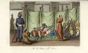 Historical Fashion Illustration Prints: The Shah of Persia relaxing in his harem or seraglio
