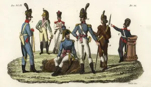 Prints of Uniforms of the Portuguese Army, 1800s. Officer 1, infantry officer 2, Lisbon police guards 3, and armed peasant from the Algarve 4. Portuguese soldiers in French Dragoon and Guards uniforms in rear Giulio Ferrario Prints: Portuguese Infantry Uniforms, 1800s Print