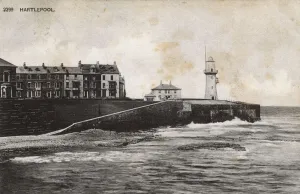 Prints of View of Hartlepool, terraced buildings and lighthouse, County Durham. Date: circa 1900s County Durham Prints: View of Hartlepool and Lighthouse Print, circa 1900s