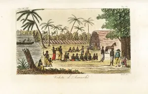 Prints of View of Namuka island, Fiji. Captain James Cooks men with natives in front of a longhouse Giulio Ferrario Prints: Captain Cook's Men with Natives, Namuka Island Print