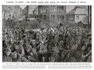 Prints of A war-zone in Ireland. Sinn Fein-ers, who had attacked loyalist workmen, fleeing from police down York Street in Belfast, during unrest in 1920. Date: 1920 Belfast Prints: Belfast 1920: A War-Zone Print