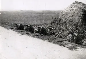 WWI: British Royal Marines by roadside near Ostend Print