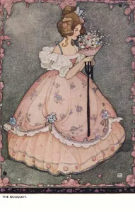 Art Nouveau Print: Young Lady in Crinoline Holding Bouquet
