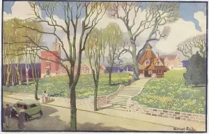 Prints of View of the village green at Bournville, the estate built by progressive industrialist, George Cadbury to house the workers at his factory. Date: c.1920 Industrialist Prints: Print of Bournville village green, c.1920
