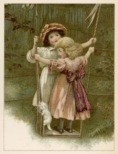 Girls Swinging C1885 Print: Two Little Girls and a Kitten