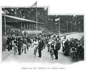 Prints of Start of the Century Cup, in the velodrome, south London. Date: 1900 Sport Prints: Herne Hill Velodrome Print: Cyclists Ready to Start 1900