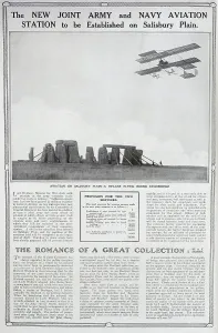 Prints of A biplane is seen flying over the stone henge in Britain. There was to be a new army and navy aviation station near the monument in Salisbury, now called old Sarum airfield. Date: 1912 Salisbury Prints: Biplane over Stonehenge Print, 1912