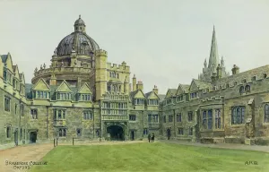 Prints of Brasenose College, Oxford, Oxfordshire - Painted by landscape artist Alfred Robert Quinton for the Sevenoaks based publishing and printing company J. Salmon, and reproduced as a local view postcard Oxfordshire Prints: Brasenose College, Oxford, 1920s Watercolour Print