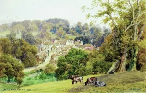 Prints of Castle Combe, Wiltshire, viewed from the hills - Painted by landscape artist Alfred Robert Quinton for the Sevenoaks based publishing and printing company J Painting Prints: Castle Combe Print, Wiltshire Hills Scene, 1910s