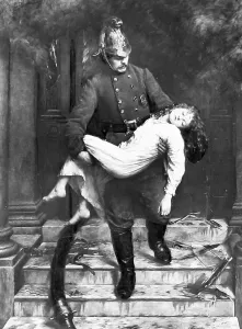 Victorian Era Print of Fireman Rescuing a Child