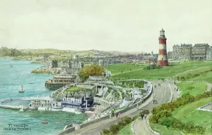 Prints of Plymouth, Devon, viewed from the Citadel - Painted by landscape artist Alfred Robert Quinton for the Sevenoaks based publishing and printing company J Painting Prints: Plymouth Print, 1920s