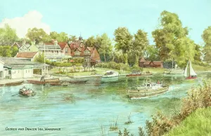 Prints of River Thames with George and Dragon Inn at Wargrave, Berkshire - Painted by landscape artist Alfred Robert Quinton for the Sevenoaks based publishing and printing company J Painting Prints: River Thames Print, Wargrave Berkshire 1910s