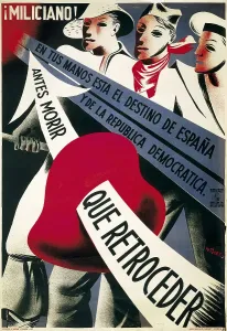 Prints of Spain. Civil War. Miliciano! Antes morir que retroceder (Militia man! Rather die than retreat). Poster of the Republican side. Painting Spain Prints: Republican Spain Civil War Print: Miliciano! Antes morir que retroceder