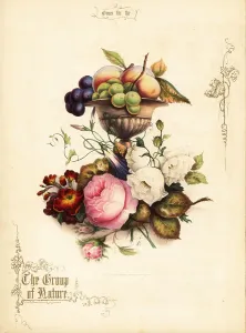 Print of a Bouquet with Roses, Grapes, and Peaches in a Vase