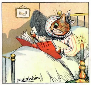 Louis Wain Cat Art Prints: Louis Wain Cat in bed with toothache reading Scout Craft