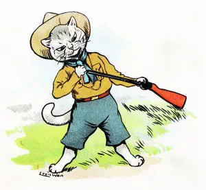 Louis Wain Cat Art Prints: Louis Wain Cat Scout loading his rifle with powder and shot