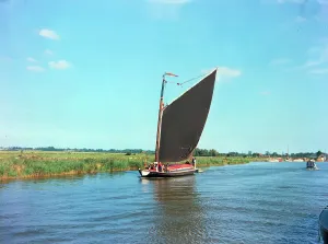 Prints of Sailing Wherry Albion, Norfolk Broads, Norfolk, England. Date: 1960s Norfolk Prints: Norfolk Broads Print: Sailing Wherry Albion