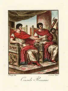 Handcoloured Copperplate Art Prints: Two Roman consuls seated on thrones in ancient Rome