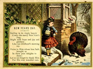 New Year card, girl and turkey in the snow New Year card, girl and turkey in the snow