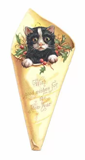 Images Dated 2nd December 2015: New Year card in the shape of a kitten in wrapping paper