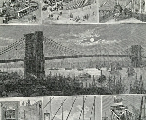 New York. Brooklyn Bridge in 1883. Engraving New York. Brooklyn Bridge in 1883. Engraving