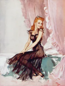 <b class=qtipBold><figcaption>Night Shift by David Wright</figcaption></b><br>Night Shift by David Wright featuring a cheeky red-haired woman wearing a diaphanous night dress, seated on a luxurious satin bed. Wright produced a series of over 160 illustrations or 'pin-ups' for 'The Sketch' during the 1940's. David Wright's 'Lovelies' proved hugely popular and adorned practically every military mess, bunker, dormitory or club room in the country during World War II.<br><em>© Estate of David Wright/ILN/Mary Evans Picture Library</em> Night Shift by David Wright