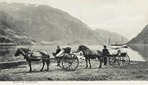 Norway - view of a Fjord with steamship and carriages Norway - view of a Fjord with steamship and carriages