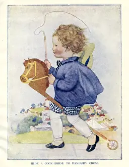 Children Prints: Cute Boy on Hobby Horse Print, circa 1920s