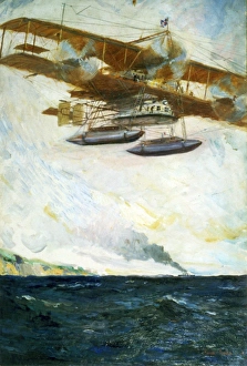 Oil on board by Cyrus Cuneo of an imaginary flying boat Oil on board by Cyrus Cuneo of an imaginary flying boat