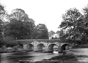 Prints of Old Bridge and River, Massereene Park, Antrim - a view of the old bridge over a river, from the other side. (Location: Northern Ireland: County Antrim: Antrim). Date: circa early 1900s River Prints: Early 20th Century Print of Massereene Park Bridge, Antrim
