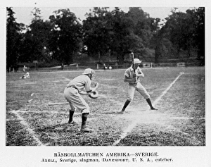 <b class=qtipBold><figcaption>Olympics/1912/Baseball</figcaption></b><br>Baseball match between USA and Sweden; pictured are Davenport (catcher) and Axell (batsman)<br><em>© Mary Evans Picture Library</em> Olympics/1912/Baseball